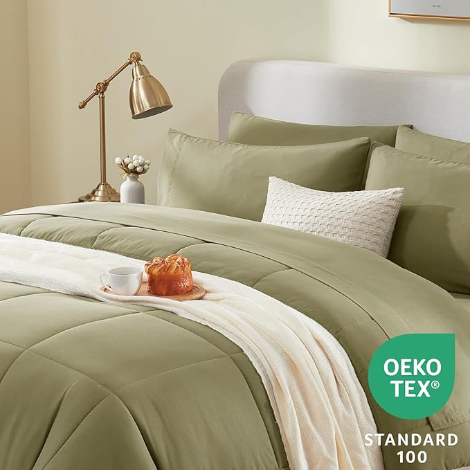 CozyLux King Size Comforter Set - 7 Pieces Bed in a Bag Set Olive Green, King Bedding Set with All Season Quilted Comforter, Flat Sheet, Fitted Sheet, Pillowcases - LeafyLoom