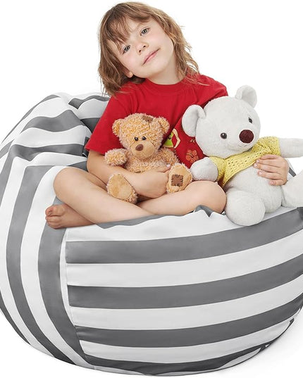 EXQ Home Kids Bean Bag Chairs Cover -Stuffed Animal Bean Bag Storage Grey and White Stripes-Zipper Bean Bag for Organizing Children Plush Toys Holiday Gift for Girl,Boys (2XL) - LeafyLoom