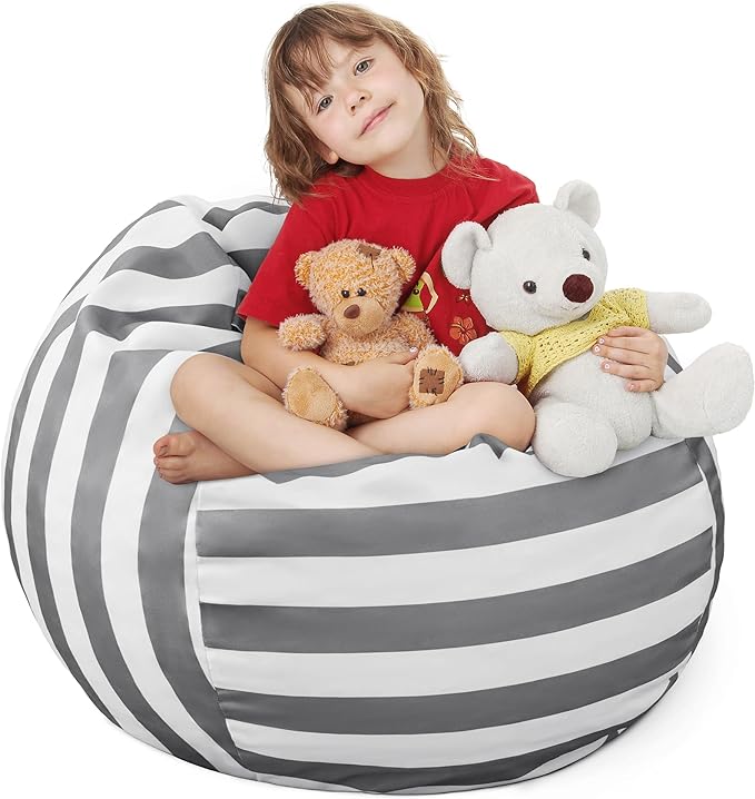 EXQ Home Kids Bean Bag Chairs Cover -Stuffed Animal Bean Bag Storage Grey and White Stripes-Zipper Bean Bag for Organizing Children Plush Toys Holiday Gift for Girl,Boys - LeafyLoom
