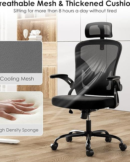 Farini Ergonomic Office Chair, Home Office Desk Chair with Headrest, High Back Computer Chair with Flip-up Armrests and Adjustable Lumbar Support.for Home Office Study Room Bedroom, Black. - LeafyLoom