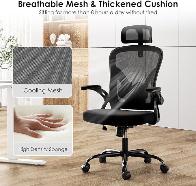 Farini Ergonomic Office Chair, Home Office Desk Chair with Headrest, High Back Computer Chair with Flip-up Armrests and Adjustable Lumbar Support.for Home Office Study Room Bedroom, Black. - LeafyLoom