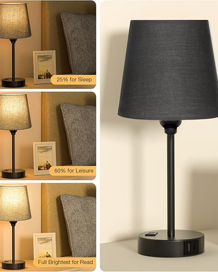 Black Bedroom Lamp Set with USB Charging - Dimmable Touch Control, AC Outlet - LeafyLoom