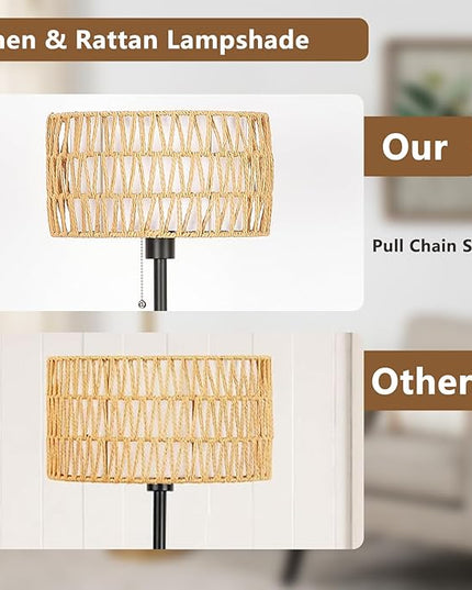 Rattan Floor Lamp for Living Room, Boho Standing Lamp with 3 Color Temperatures, Farmhouse Floor Lamp Wicker Lamp Double Shades, Bohemian Floor Lamps for Bedroom, Office(Black) - LeafyLoom