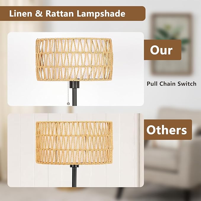 Rattan Floor Lamp for Living Room, Boho Standing Lamp with 3 Color Temperatures, Farmhouse Floor Lamp Wicker Lamp Double Shades, Bohemian Floor Lamps for Bedroom, Office(Black) - LeafyLoom
