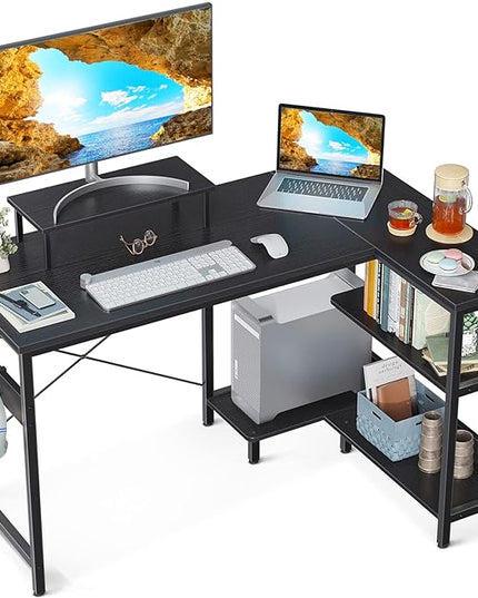 ODK 40 Inch Small L Shaped Computer Desk with Reversible Storage Shelves, Modern Black, Ideal for Home Office, Gaming, Writing - LeafyLoom