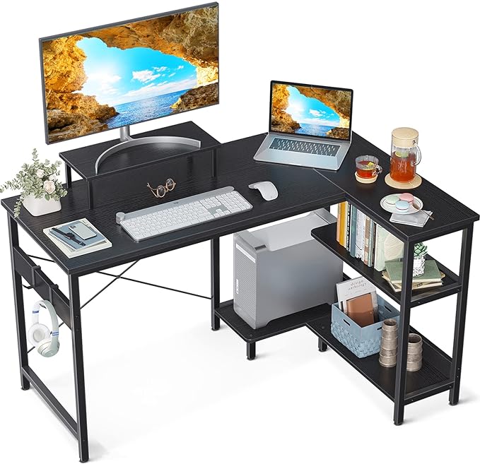 ODK 40 Inch Small L Shaped Computer Desk with Reversible Storage Shelves, Modern Black, Ideal for Home Office, Gaming, Writing - LeafyLoom