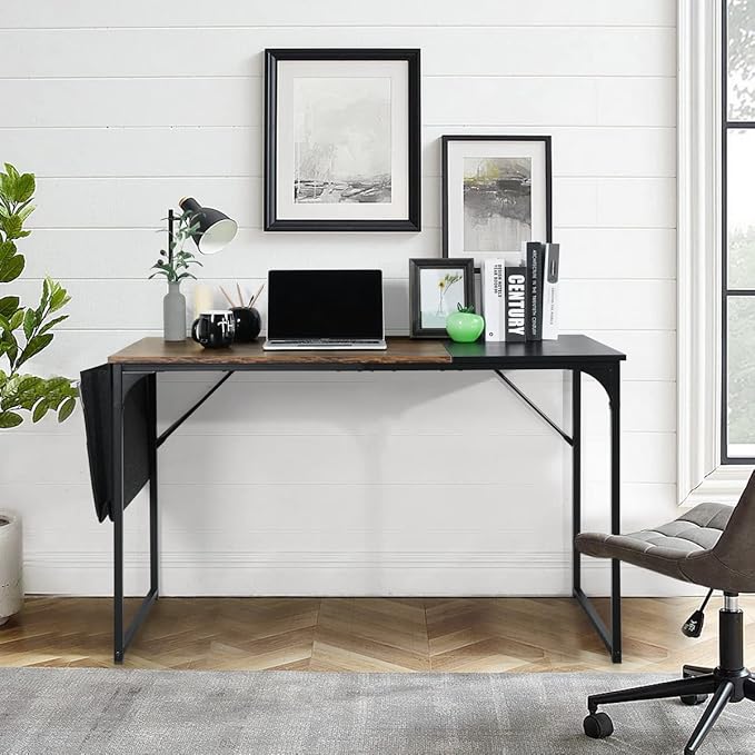 47 inch Study Storage Bag Space Saving for Home Office, Modern Simple Style PC Metal Frame Computer Desk, Writing Table, Brown, Black - LeafyLoom