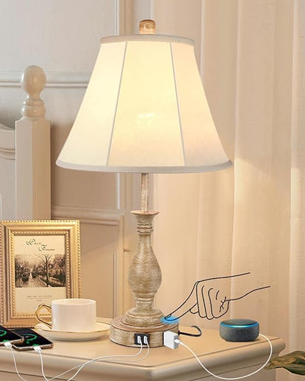 Farmhouse Table Lamp Touch Control 3-Way Dimmable, Modern Nightstand Lamp with 2 USB Port Bedside Desk Lamp with Fabric Shade for Living Room Bedroom Hotel (Pack-01) - LeafyLoom