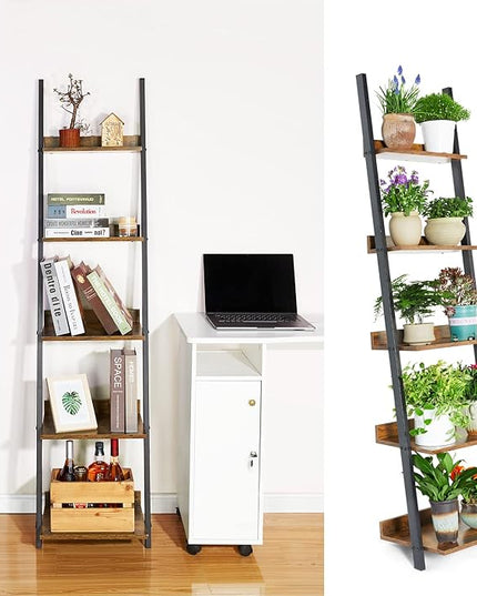HYNAWIN 5 Tier Ladder Shelf-Wood & Metal Bookcase,Wall Mount Bookshelf Standing Unit,Multipurpose Plant Stand for Livingroom,Kitchen,Space Saving Display Rack,Industrial Accent Furniture - LeafyLoom