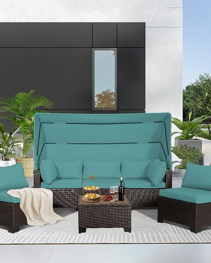 6 PCS Outdoor Patio Furniture Set,Sectional Sofa Set,Rattan Daybed with Retractable Canopy,Adjustable Backrest,Storage Coffee Table,Chaise Chair Sunbed for Garden Poolside Backyard(Walnut Green) - LeafyLoom