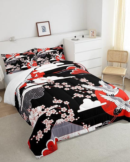 Japanese-Style Comforter Set King Size Pink Cherry Blossoms Bedding for Boys Girls Women Soft Microfiber 3 Pieces Quilted Duvet Ukiyoe Theme Down Comforter Japanese Traditional Pattern Quilt - LeafyLoom