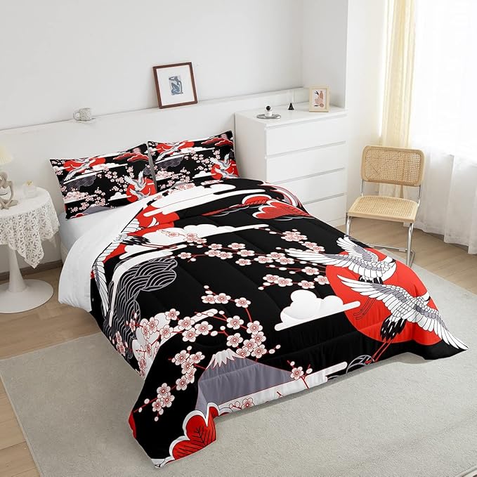 Japanese-Style Comforter Set Queen Size Crane Printed Cherry Blossoms Decor Down Comforter, for Adult Women Girls Teens Japanese Traditional Pattern Quilted Duvet Ukiyoe Theme Bedding Comforter - LeafyLoom