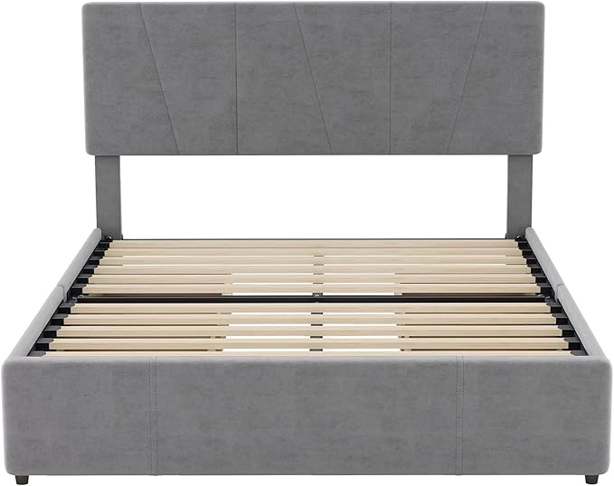 Full Size Upholstery Platform Bed with 4 Storage Drawers on Two Sides, Adjustable Velvet Headboard and Footboard, No Box Spring Needed, Gray - LeafyLoom