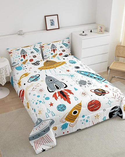Erosebridal Outer Space Bedding Set Full Size Kids Boys Space Ship Rocket Comforter Set Cartoon Universe Stars Planet Down Comforter Cosmos Meteorite Quilt Duvet Set with 2 Pillow Cases - LeafyLoom