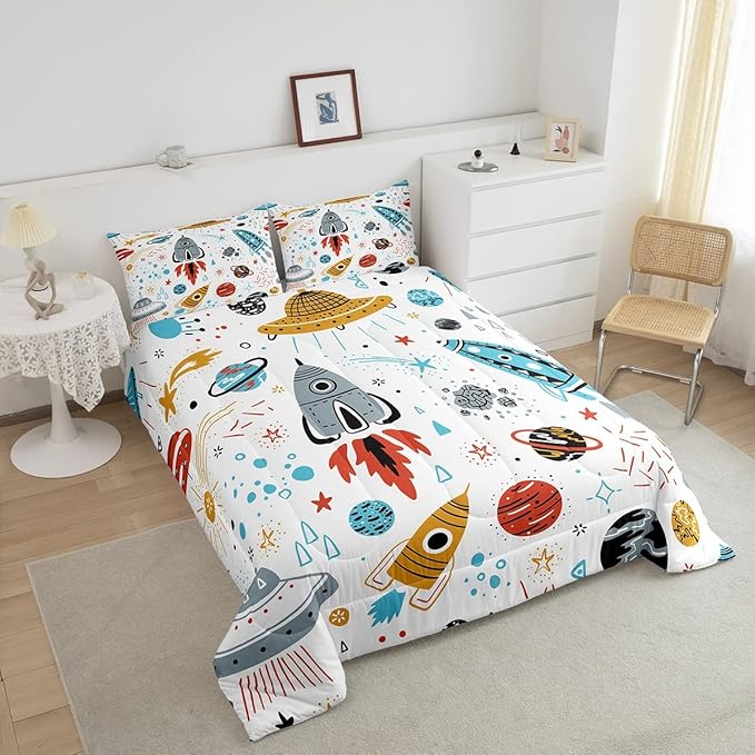 Erosebridal Outer Space Bedding Set Full Size Kids Boys Space Ship Rocket Comforter Set Cartoon Universe Stars Planet Down Comforter Cosmos Meteorite Quilt Duvet Set with 2 Pillow Cases - LeafyLoom