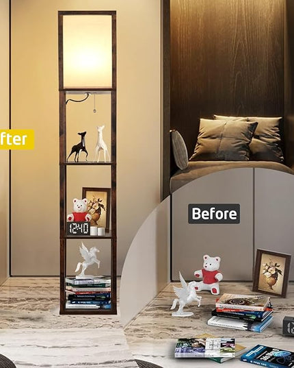 LED Floor Lamp with Shelves, Shelves Floor Lamp for Living Room Bedroom, 4-Tier Modern Shelf Floor Lamp with White Fabric Shape, 3 Color Temperature LED Blub(Brown). - LeafyLoom