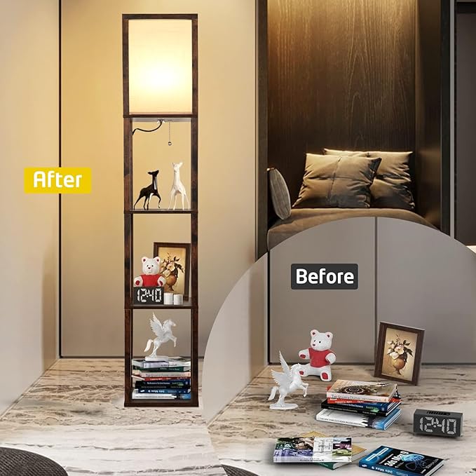LED Floor Lamp with Shelves, Shelves Floor Lamp for Living Room Bedroom, 4-Tier Modern Shelf Floor Lamp with White Fabric Shape, 3 Color Temperature LED Blub(Brown). - LeafyLoom