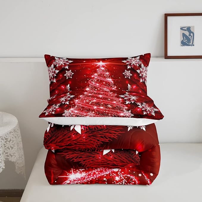 Christmas Tree Comforter Set for Children Kids Boys Girls Luxury Chic Xmas Theme Bedding Set Glitter Snowflake Star Comforter Microfiber Red Duvet Set Room Decor Quilt Set Full Size - LeafyLoom