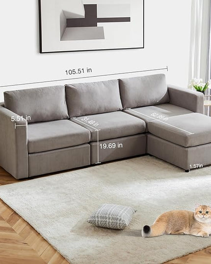 Sweetcrispy Convertible Modular Sectional Sofa, 4 Seat Sectional Couches for Living Room, L-Shaped Modern Fabric Modular Sofa Sleeper with Double Chaise for Home, Apartment, Dorm, Grey - LeafyLoom