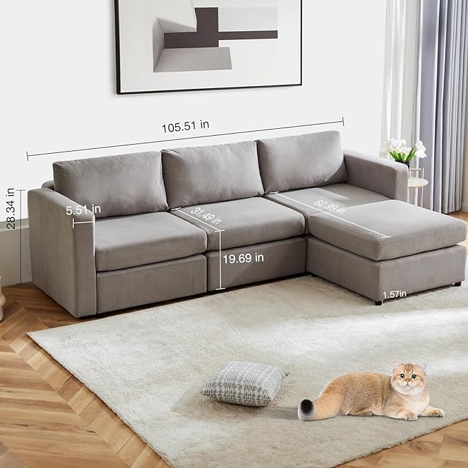Sweetcrispy Convertible Modular Sectional Sofa, 4 Seat Sectional Couches for Living Room, L-Shaped Modern Fabric Modular Sofa Sleeper with Double Chaise for Home, Apartment, Dorm, Grey - LeafyLoom