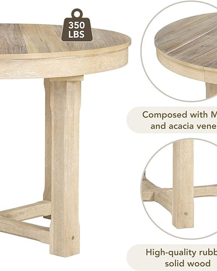 Kitchen 5-Piece Set, Two-Size Round to Oval Extendable Butterfly Leaf Table and 4 Upholstered Dining Chairs with Armrests, Natural Wood Wash - LeafyLoom