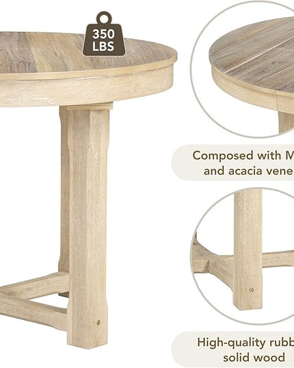 5-Piece Wooden Extendable Round to Oval Dining Table Set with 4 Armrest Upholstered Chairs for Kitchen, Breakfast Nook, Living Room, Natural Wood Wash, 42"-57.7" L x 42" W x 30" H - LeafyLoom