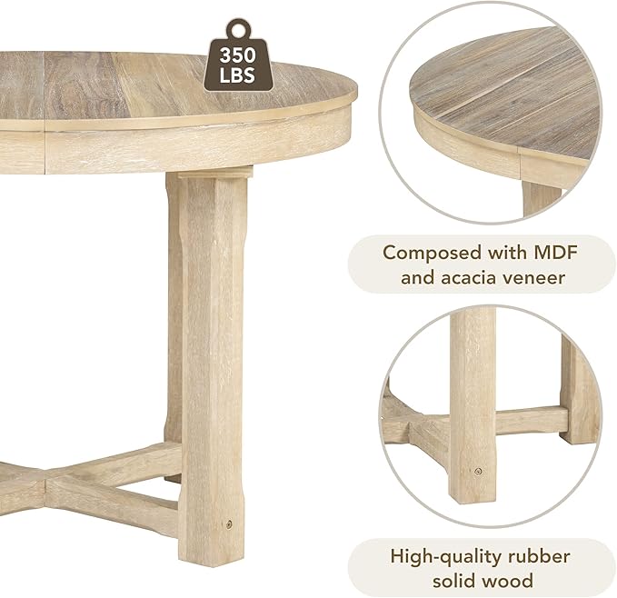 5-Piece Wooden Extendable Round to Oval Dining Table Set with 4 Armrest Upholstered Chairs for Kitchen, Breakfast Nook, Living Room, Natural Wood Wash, 42"-57.7" L x 42" W x 30" H - LeafyLoom
