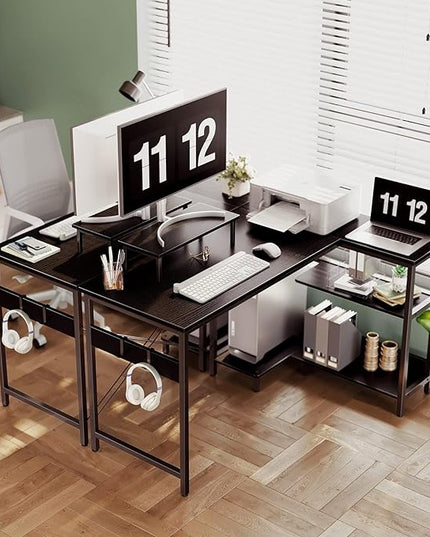 ODK 47 Inch Small L Shaped Computer Desk with Reversible Storage Shelves, L-Shaped Corner Desk with Monitor Stand for Small Space, Modern Simple Writing Study Table for Home Office Workstation, Black - LeafyLoom