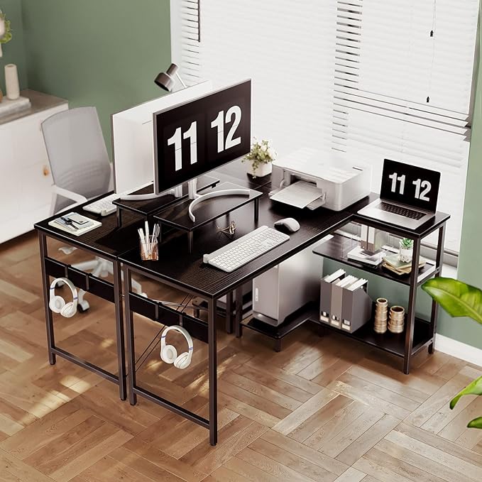 ODK 47 Inch Small L Shaped Computer Desk with Reversible Storage Shelves, L-Shaped Corner Desk with Monitor Stand for Small Space, Modern Simple Writing Study Table for Home Office Workstation, Black - LeafyLoom