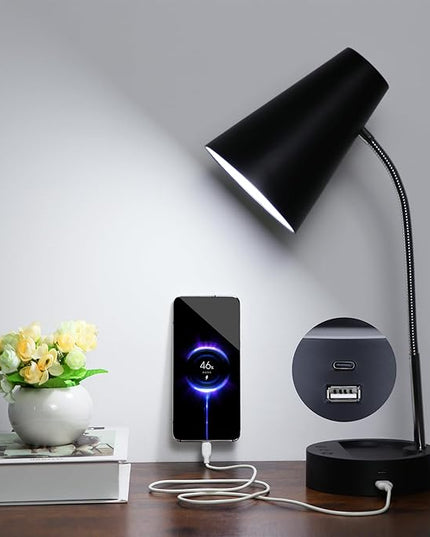 RUNTOP Desk Lamp, Black Desk Lamps for Home Office, LED Desk Light with USB Port and Type C Port, 5 Brightness Levels, 5 Color Temperatures, Flexible Gooseneck Desk Lamp, Table Lamp for Reading Study - LeafyLoom