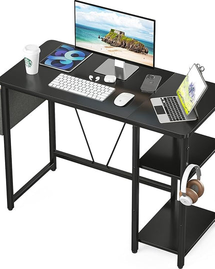 Computer Desk, 39.3” Home Office Desks, Modern Small Desk for Bedroom, Gaming Desk with Iron Hook and Height Adjustable Feet, Sturdy Student Writing Desk with Storage Bag, Storage Shelves - LeafyLoom
