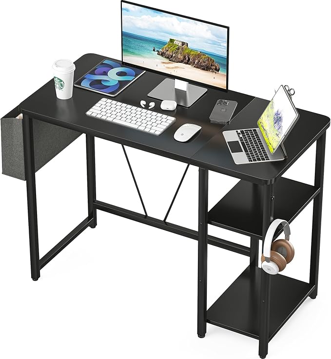 Computer Desk, 39.3” Home Office Desks, Modern Small Desk for Bedroom, Gaming Desk with Iron Hook and Height Adjustable Feet, Sturdy Student Writing Desk with Storage Bag, Storage Shelves - LeafyLoom