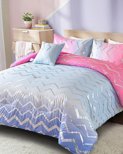 Girls Comforter Set Twin Size Ombre Pink Purple Bedding Rainbow Comforter for Kids Teen Women,3 Pieces (1 Comforter,1 Pillowcase,1 Decorative Pillow Sham) - LeafyLoom