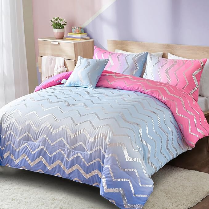 Girls Comforter Set Twin Size Ombre Pink Purple Bedding Rainbow Comforter for Kids Teen Women,3 Pieces (1 Comforter,1 Pillowcase,1 Decorative Pillow Sham) - LeafyLoom
