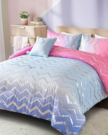 Girls Comforter Set Queen Size Ombre Pink Purple Bedding Colorful Rainbow Comforter for Kids Teen Women,4 Pieces (1 Comforter,2 Pillowcase,1 Decorative Pillow Sham) - LeafyLoom