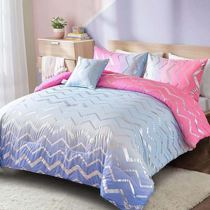Girls Comforter Set Queen Size Ombre Pink Purple Bedding Colorful Rainbow Comforter for Kids Teen Women,4 Pieces (1 Comforter,2 Pillowcase,1 Decorative Pillow Sham) - LeafyLoom