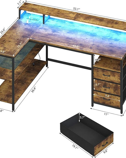 L Shaped Desk with 3 Drawer & 3 Open Shelf, Computer Desk with LED Lights & Power Outlets, Home Office Desk with Reversible Storage Shelves & Monitor Stand, Corner Desk for Small Space - LeafyLoom
