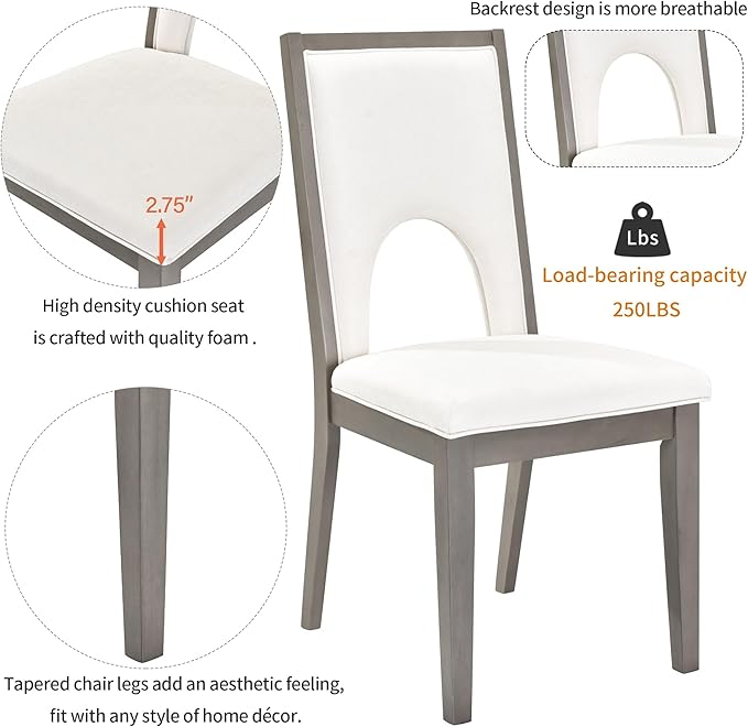 7-Piece Farmhouse Dining Set with Rectangular Table and 6 Upholstered Chairs, Minimalist Solid Wooden Kitchen Suit for Living Room, Home Restaurant, Easy to Install, Grey+White - LeafyLoom