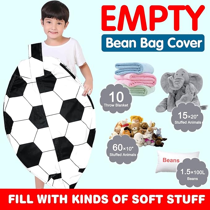 Lukeight Stuffed Animal Storage Bean Bag Chair Cover for Kids, Soccer Zipper Beanbag Chair Cover for Organizing Toddler & Kids' Rooms Plush Toys (Soccer Velvet, Large) - LeafyLoom