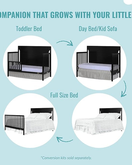 Cape Cod 5-In-1 Convertible Crib In Black, Greenguard Gold And JPMA Certified, Built Of Sustainable New Zealand Pinewood, 3 Mattress Height Positions - LeafyLoom