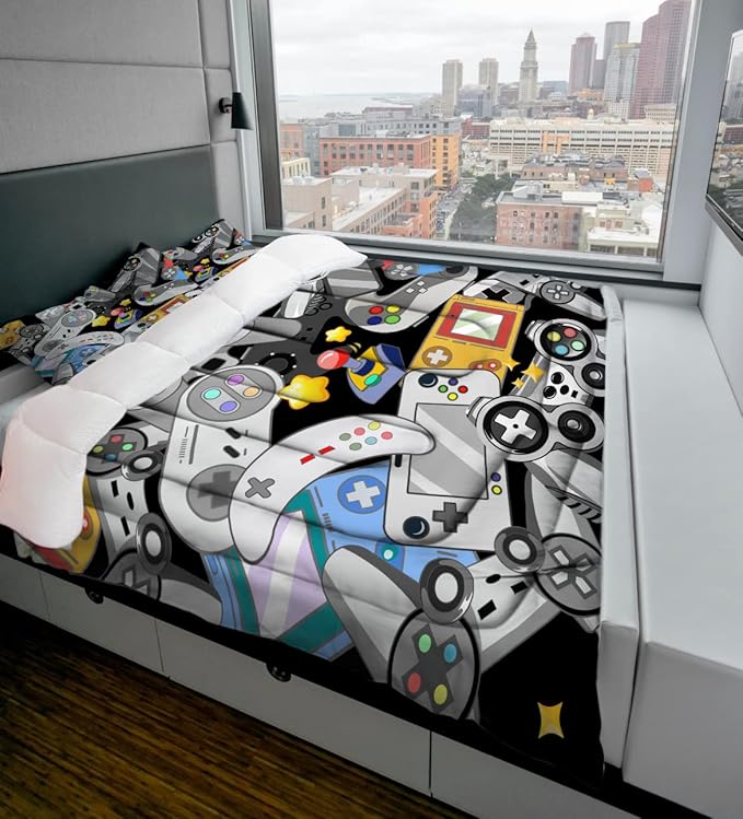 Sunnycitron Gamer Comforter set for Boys Gaming Bedding Twin Comforter set Gaming Bed Boys Comforter set Gamer room Decor (1 Comforter +2Pillowcase) - LeafyLoom