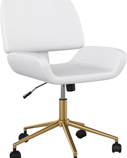 Martha Stewart Tyla Armless Swivel Task Chair for Home Office in White Faux Leather with Polished Brass Frame - LeafyLoom