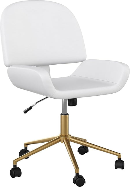 Martha Stewart Tyla Armless Swivel Task Chair for Home Office in White Faux Leather with Polished Brass Frame - LeafyLoom