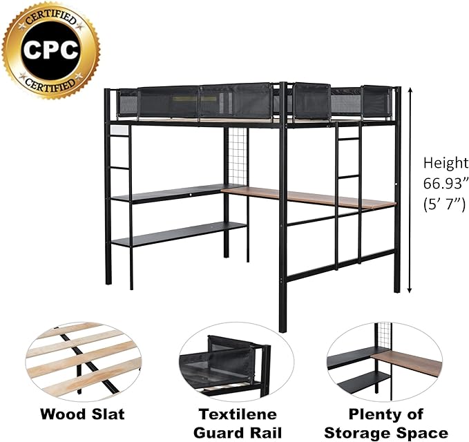Metal Full Size Loft Bed with Desk & Shelves,Sturdy-Metal Bed-Frame,Noise-free Wood Slats,Comfortable Textilene Guardrail,Built-in Desk, 2-tier-Shelves & Grid Panel,2 Side Ladders,Black - LeafyLoom