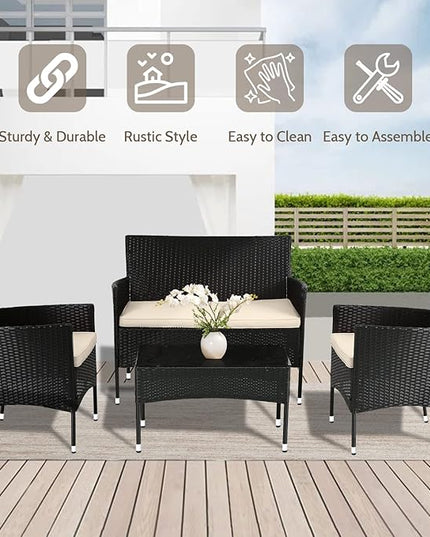 FDW Patio Furniture Set 4 Pieces Outdoor Rattan Chair Wicker Sofa Garden Conversation Bistro Sets for Yard,Pool or Backyard - LeafyLoom