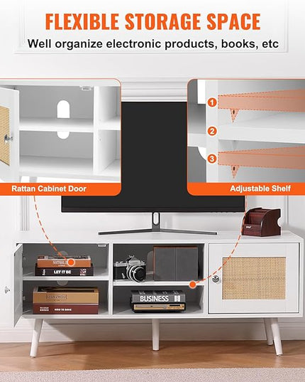 VEVOR Rattan TV Stand, Boho TV Cabinet for 55 inch TV, Mid Century Modern TV Stand, Rattan TV Console with Adjustable Shelfs for Living Room, Media Room, White - LeafyLoom