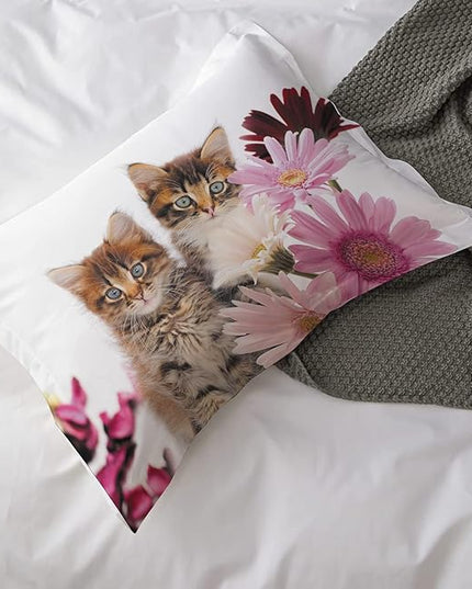 Cat Comforter Set Queen Size for Kids Pink Flowers Cats 3Pcs Bedding Set for boys and Girls (1Summer Comforter+ 2 Pillowcases) Lovely Animal Pets Duvet Set - LeafyLoom