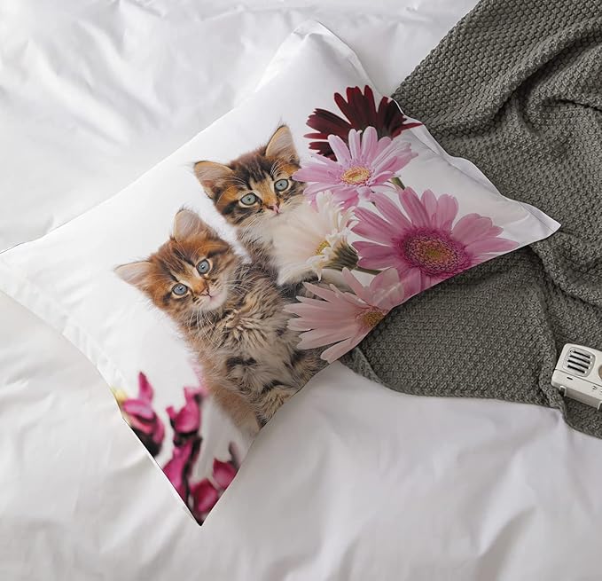 Cat Comforter Set Queen Size for Kids Pink Flowers Cats 3Pcs Bedding Set for boys and Girls (1Summer Comforter+ 2 Pillowcases) Lovely Animal Pets Duvet Set - LeafyLoom