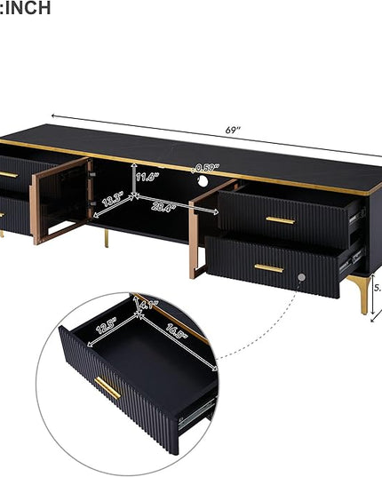 Merax Stylish LED TV Stand for Televisions Up to 78'', Entertainment Center with Brown Glass Storage Cabinet, Marble-veined Table Top, Golden Legs & Handles for Living Room, Black - LeafyLoom