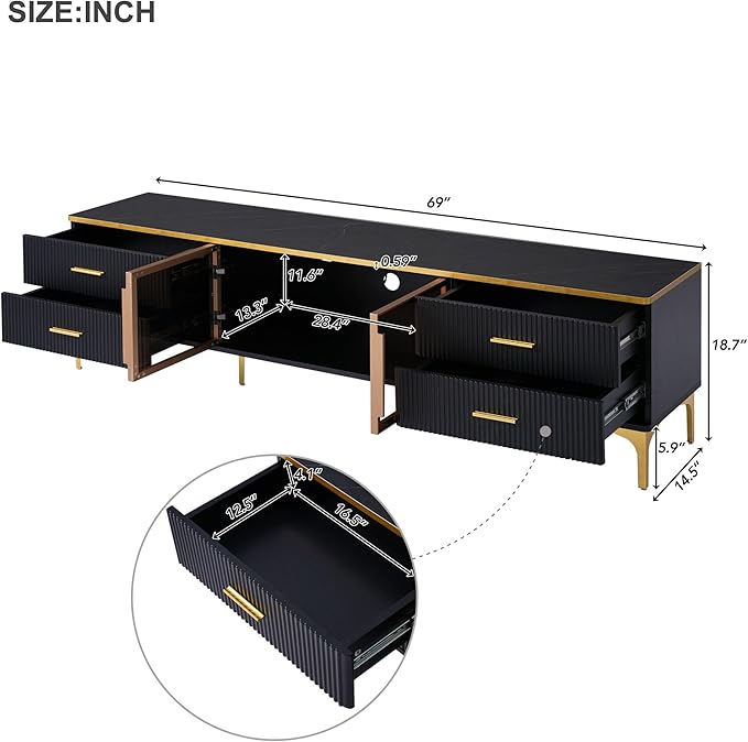 Merax Stylish LED TV Stand for Televisions Up to 78'', Entertainment Center with Brown Glass Storage Cabinet, Marble-veined Table Top, Golden Legs & Handles for Living Room, Black - LeafyLoom